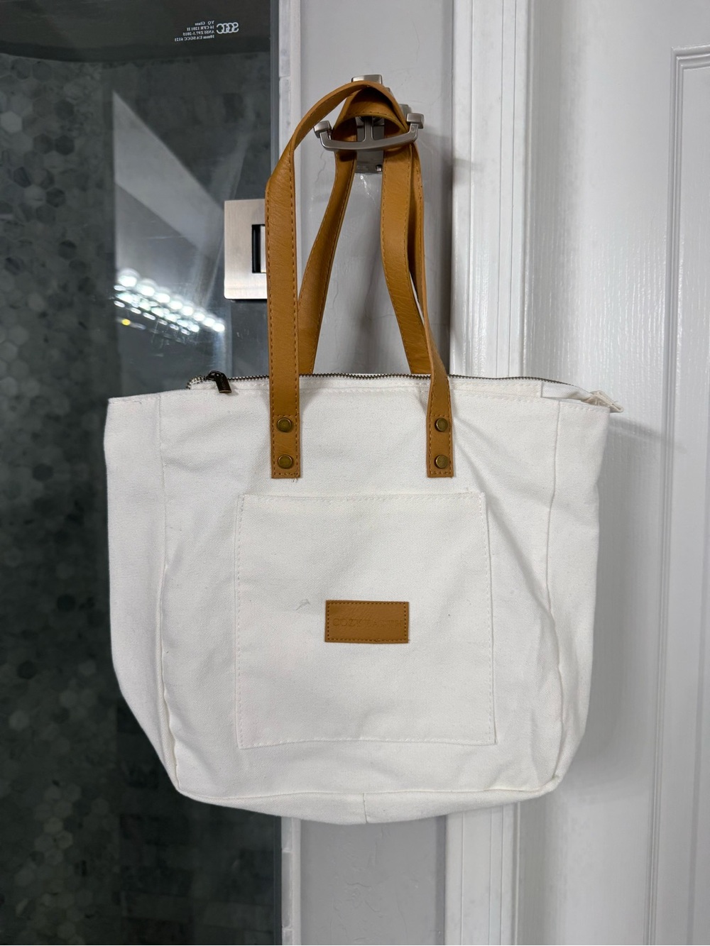 Cozy Earth Canvas Tote Bag Cream Tan Handles Zippered Lined